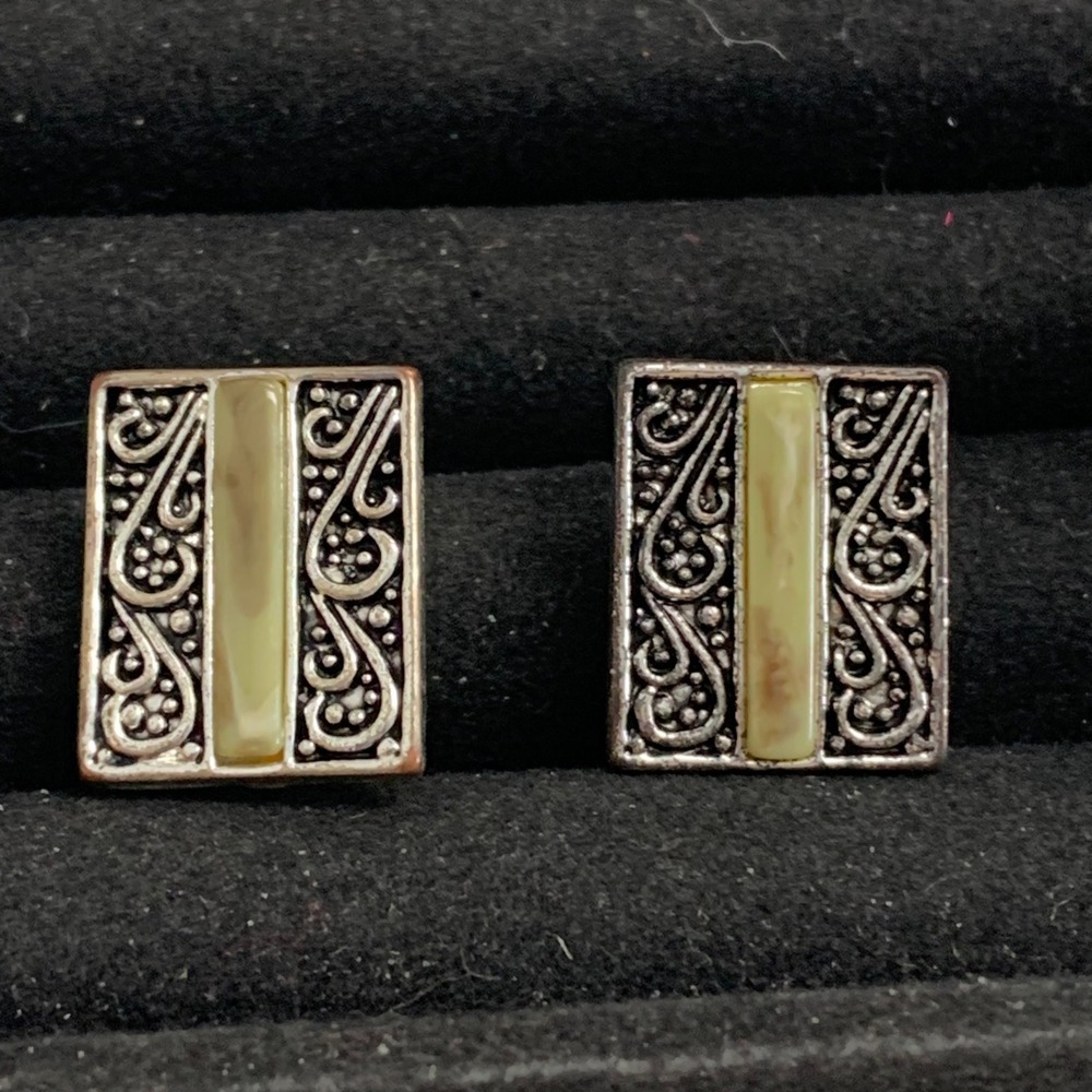 Vintage Style Silver Tone Rectangle Clip On Earrings Sage Green Inlay Scrollwork
